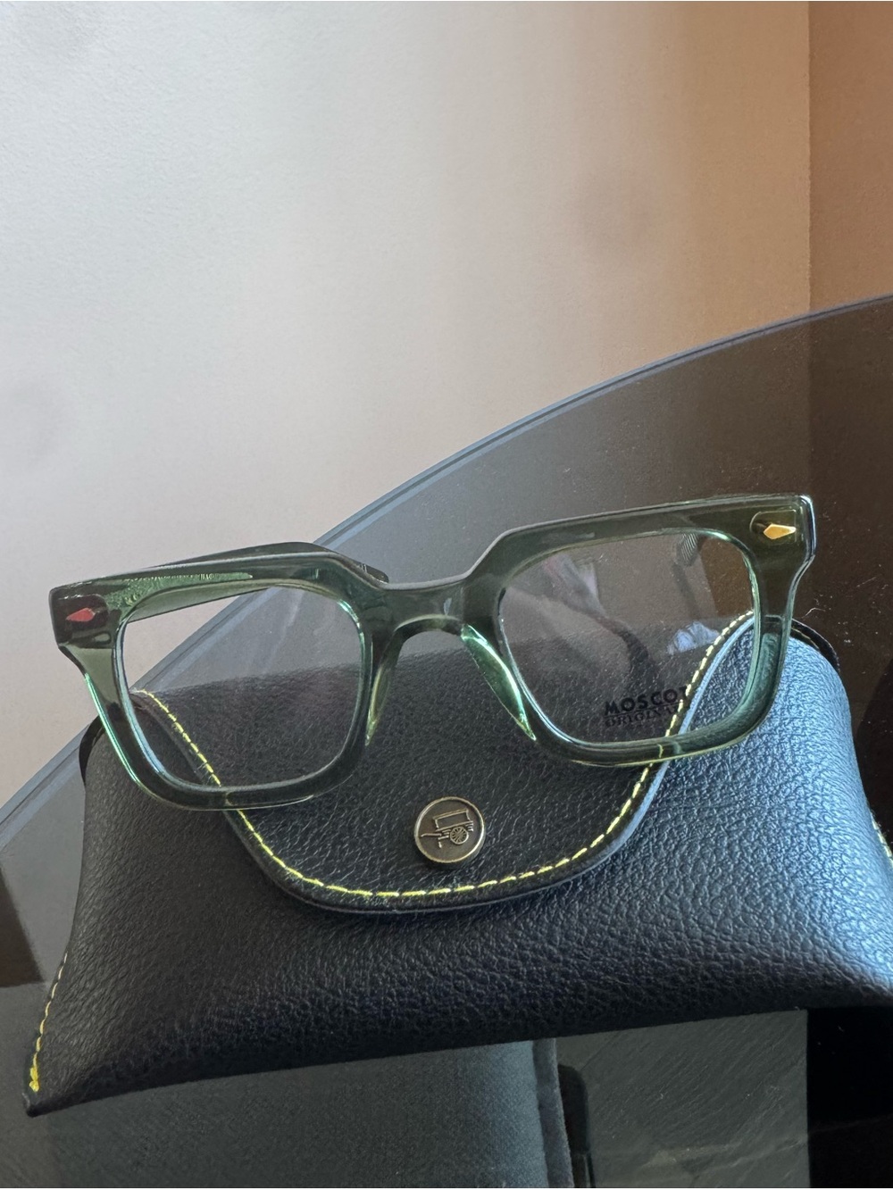 MOSCOT Grober (pine color) translucent green acetate square frames. NEVER WORN